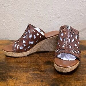 Brighton‎ Daria Brazil Brown Leather Wedge Sandals Laser Cut Studded Slides 7.5M